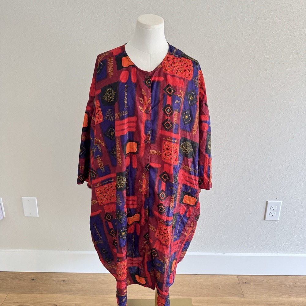 Vintage Kaftan Robe Dress Style Tribal Ethnic Print Button Front OSFA Red Purple